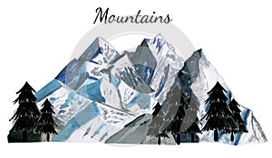 Landscape of the mountains Everest with tree silhouette. Watercolor hand drawn illustration in realistic style. Concept of nature