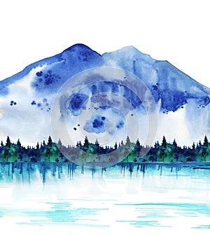 Landscape with mountains, fir wood and water. Hand drawn watercolor illustration