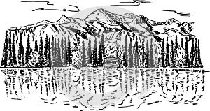 Landscape mountains, forest, river. Hand drawn sketch vector illustration. The mountain landscape is reflected on the