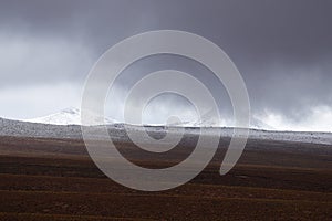 Landscape of mountains in the high lands of Chile near the border with Bolivia. Snow-covered landscapes of the Andes and the