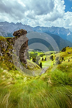 landscape with mountains, hills, clouds, grass and rocks