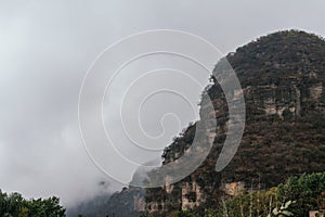 Landscape of the mountains of Malinalco, State of Mexico, with fog and rain