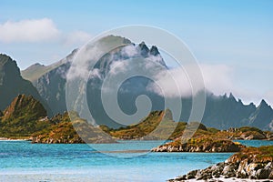 Landscape mountains and ocean in Norway summer season travel destinations