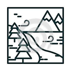 Landscape mountains pine trees river meadow nature cartoon line icon style