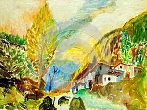 Landscape in mountains Pyrenees, painting