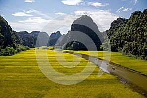 Landscape with mountains, rice fields and river