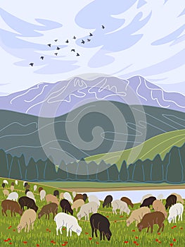 Landscape with  Mountains,  River  and  Sheep Grazing on Lawn