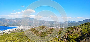 Landscape of mountains, seas and cities in the distance, travel