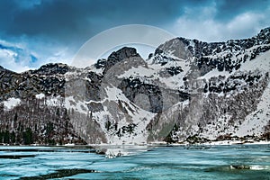 Landscape with the mountains in snow and heavy clouds in the background