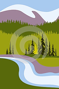 Landscape with mountains and snowy peaks, a river and trees. Poster for tourism with the natural environment, national parks, clea photo