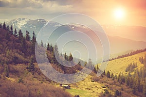 Landscape in the mountains:snowy tops and spring valleys at sunlight.