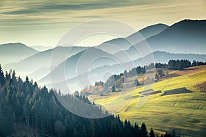 Krajina s horami při východu slunce. Národní park Malá Fatra