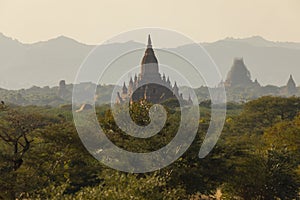 A landscape of mountains, temples and pagodas in Bagan, Myanmar