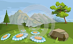 Landscape with a Mountains and Trees. Nature as a background. Park elements for landscape. Hand drawn Cartoon nature.