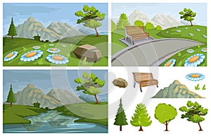 Landscape with a Mountains and Trees. Nature as a background. Park elements for landscape. Hand drawn Cartoon nature. Paysage