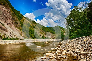 Landscape with mountains trees and a river in front