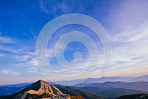 The landscape of mountains under sky with clouds