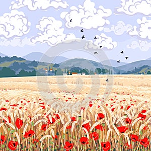 Landscape with Mountains, Wheat Field and Red Poppies