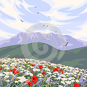 Landscape with Mountains and Wildflowers Field