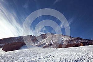 Landscape with mountains. Winter day with blue sky. Zabljak, Mon