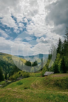 Landscape in the mountains of Yaremche, Carpathians, Ukraine. Mountain sky clouds. Beautiful alpine landscape. Nature landscape. G