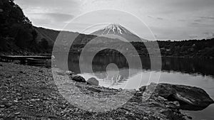 Landscape of mt.Fuji and floating boat on Lake Saiko, Yamanashi