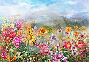 Landscape of multicolored flowers watercolor painting style