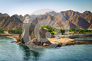 Landscape of Muscat, Oman with Muttrah incense burner, Middle East.