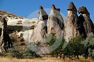 Landscape with mushroom-shaped mountains in the Pasabag Valley near the town of Cavusin in Cappadocia