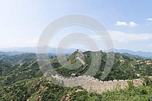 Landscape of Mutianyu section, the Great Wall of China. Mountains and hill ranges surrounded by green trees during summer. Hua
