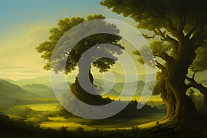 Landscape with mystical tree generated by ai