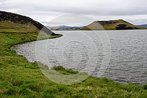 landscape of Myvatn lake in Northern Iceland