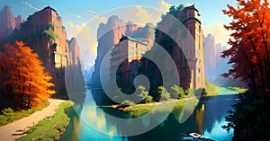 Landscape with river stream Forest creek in Digital painting background Generative AI photo