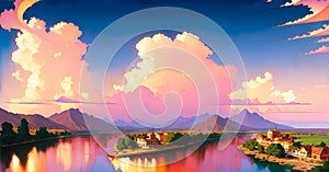 Landscape with river stream Forest creek in Digital painting background Generative AI photo