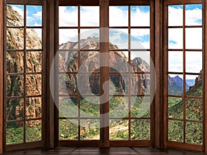 Landscape Nature Beautiful View Hills And Sky Background. View From Window.