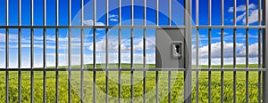 Landscape, nature behind a closed metal gate. 3d illustration