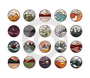 Landscape nature mountains ocean and forest in circle icons set line and fill icon