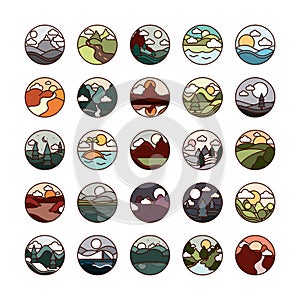 Landscape nature mountains ocean and forest in circle icons set line and fill icon