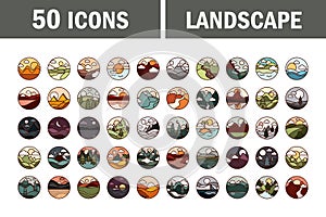 Landscape nature mountains ocean and forest in circle icons set line and fill icon