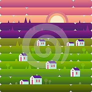 Landscape nature and small houses, the village, the countryside on the hills in the evening. Sunset. Vector illustration in flat