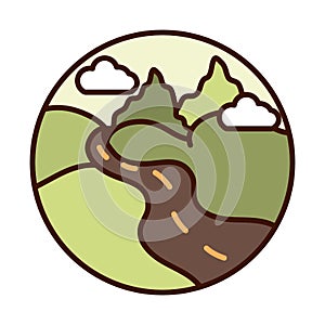 Landscape nature valley road mountains line and fill icon
