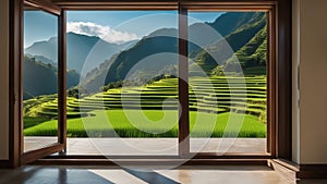 A landscape nature view background with a window frame. The window is open and lets in fresh air