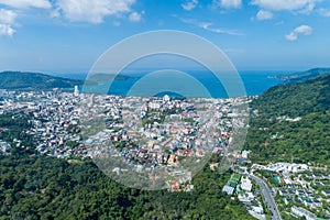 Landscape nature view from Drone aerial view with patong city in phuket thailand