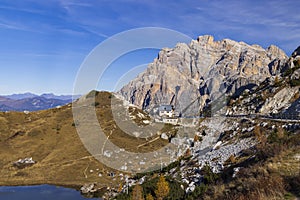 Landscape near Livinallongo del Col di Lana and Valparola Pass, Dolomites Alps, South Tyrol, Italy photo