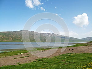 Landscape of Neor or Neur natural lake in Talysh mountains of Iran