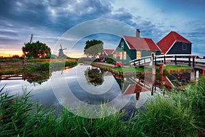 Landscape of Netherlands windmills at night