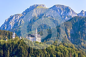 Landscape with Neuschwanstein castle, Bavaria, Germany. It is a top landmark of German Alps