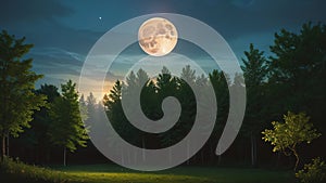 Landscape, night forest and moon. forest glade.