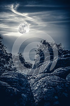 Landscape of night sky with full moon, serenity nature backgrou