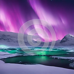 landscape of northern lights dancing on snowy mountains illustration